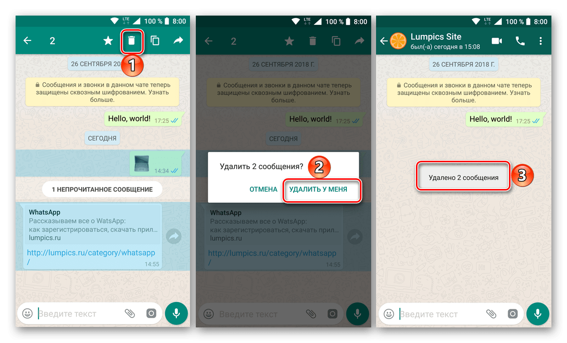 Как удалить сообщение из whatsapp